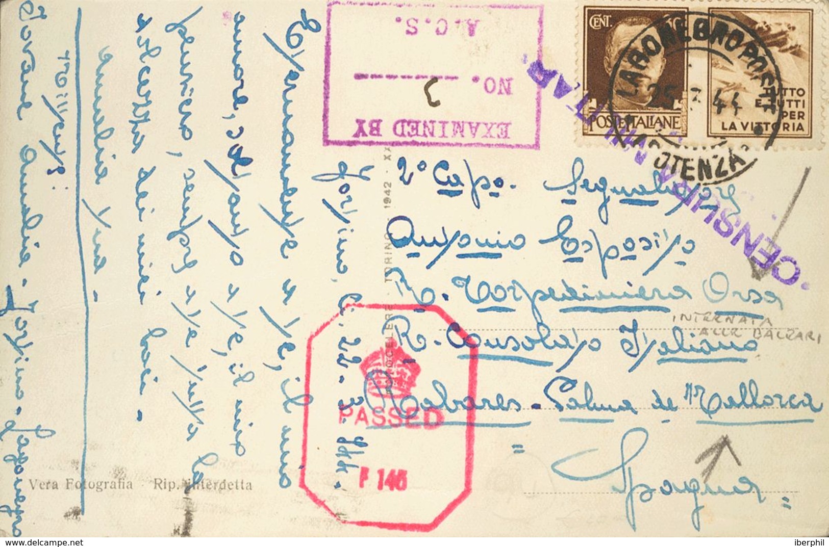 Sobre . 1944. 30 Cts Castaño (con Viñeta) De Italia. Tarjeta Postal De LAGONEGRO (ITALIA) A PALMA DE MALLORCA, Dirigida  - Autres & Non Classés
