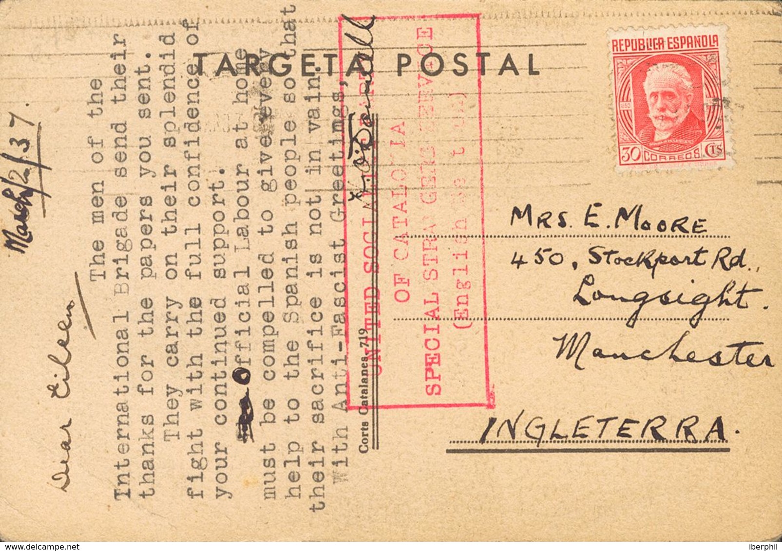 Sobre 734. 1937. 30 Cts Rojo. Tarjeta Postal Ilustrada (Tiradora De Rodillas) Dirigida A LONGSIGHT (GRAN BRETAÑA), Texto - Autres & Non Classés