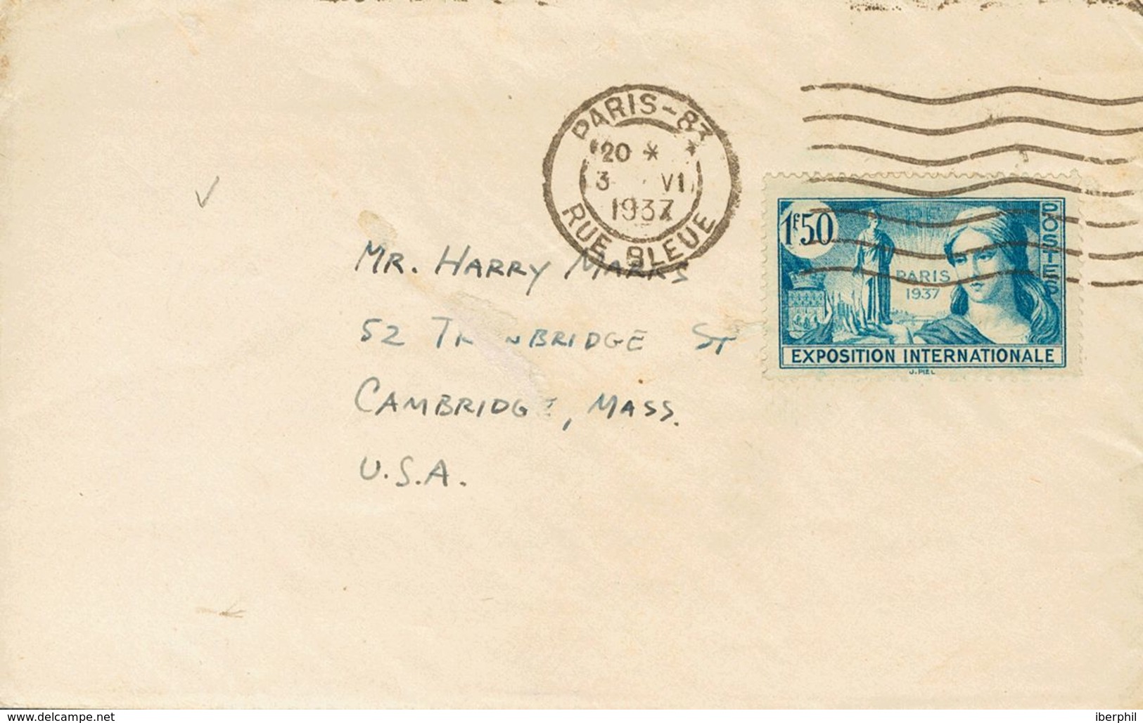 Sobre Yv . 1937. 1'50 Azul Verde De Francia. PARIS A CAMBRIDGE (U.S.A.), Carta Con Texto Interior Remitida Por Un Brigad - Sonstige & Ohne Zuordnung