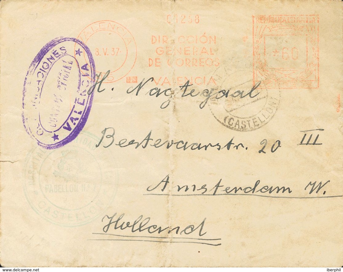 Sobre . 1937. Franqueo Mecánico De 60 Cts. ALMAZORA (VALENCIA) A AMSTERDAM (PAISES BAJOS), Remitida Posiblemente Por Un  - Sonstige & Ohne Zuordnung