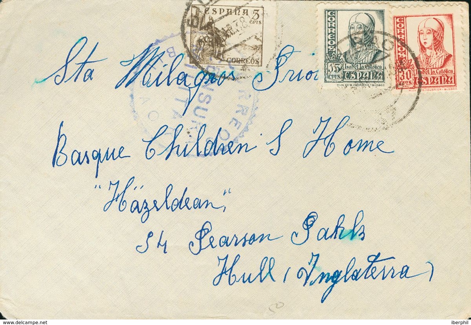 Sobre . 1938. 5 Cts Castaño, 15 Cts Pizarra Y 30 Cts Carmín. BILBAO A HULL (GRAN BRETAÑA). Dirigida A La Colonia De Niño - Autres & Non Classés