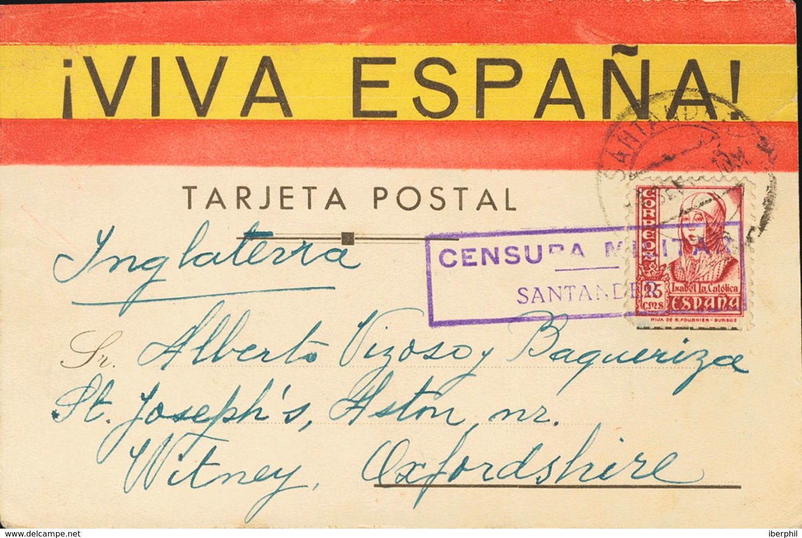 Sobre 822. 1937. 25 Cts Carmín. Tarjeta Postal De SANTANDER A WITNEY (GRAN BRETAÑA), Witney A Nombre De "Alberto Vigoso" - Otros & Sin Clasificación