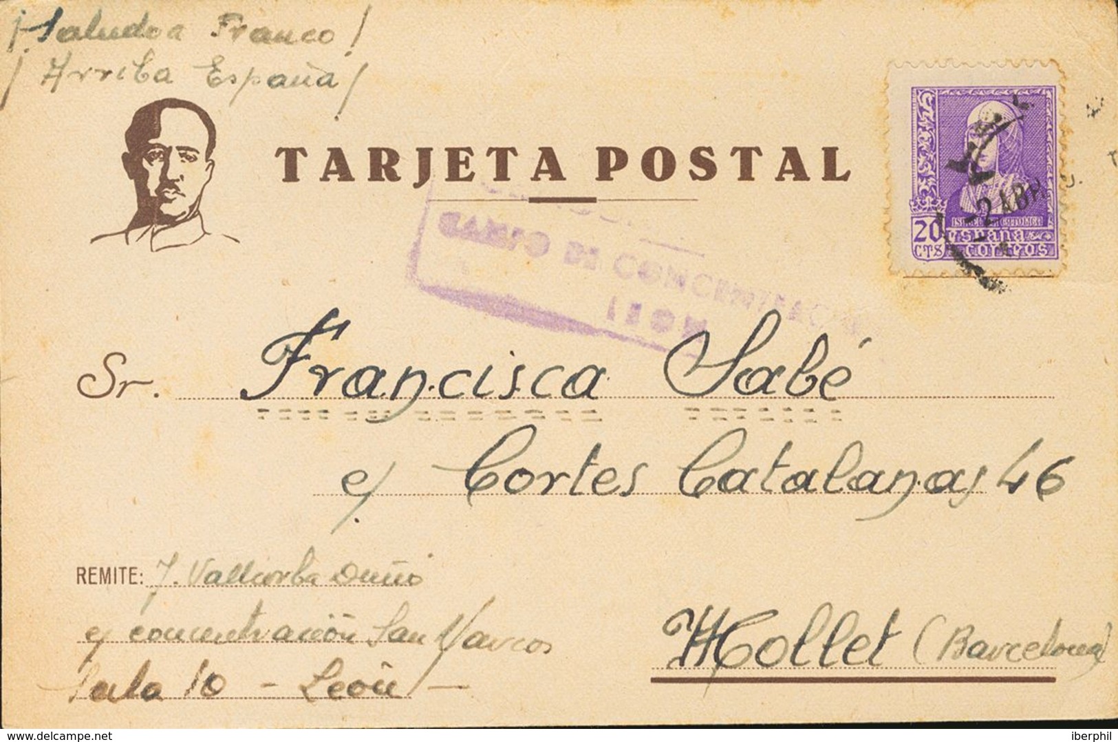 Sobre 855. 1939. 20 Cts Violeta. Tarjeta Postal De LEON A MOLLET (BARCELONA), Remitida Desde El Campo De Concentración D - Sonstige & Ohne Zuordnung