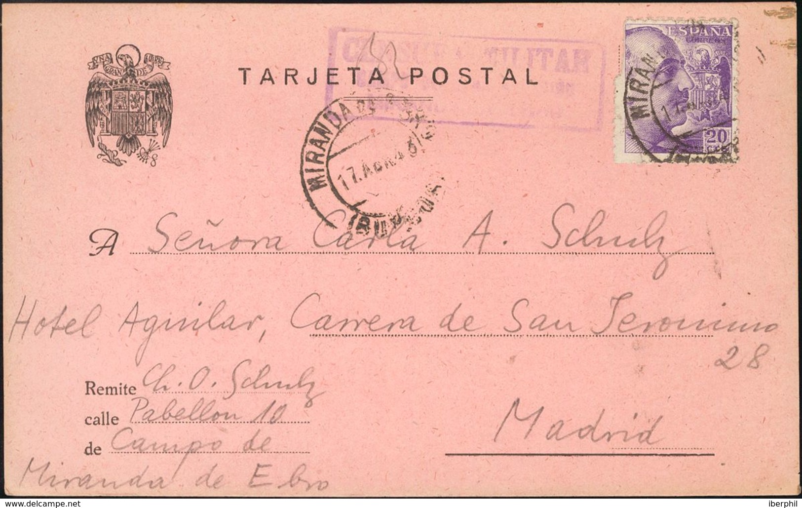 Sobre . 1943. 20 Cts Violeta. Tarjeta Postal De MIRANDA DE EBRO A MADRID, Remitida Desde El Campo De Concentración De Mi - Autres & Non Classés