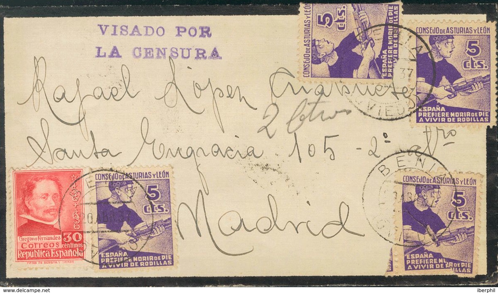 Sobre 2(4). 1937. 5 Cts Violeta, Cuatro Sellos Y 30 Cts Carmín. VILLAR DE ONIS A MADRID. Matasello BENIA / (OVIEDO) Y Al - Otros & Sin Clasificación