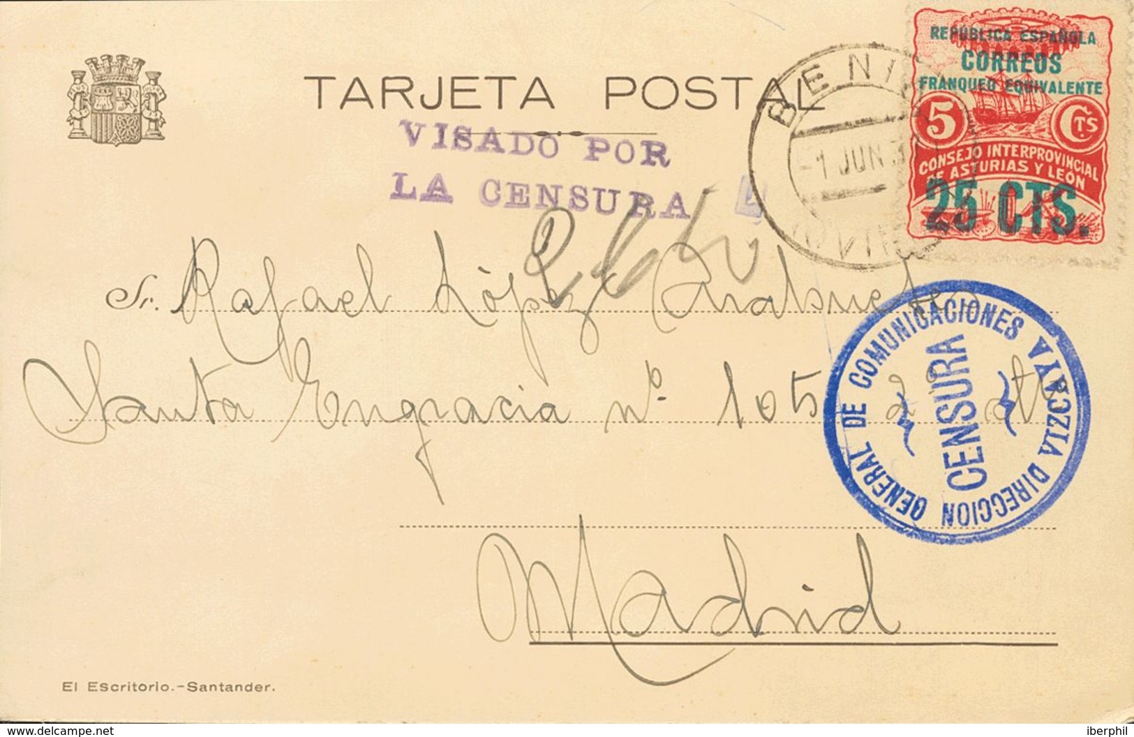 Sobre 8. 1937. 25 Cts Sobre 5 Cts Carmín. Tarjeta Postal De BENIA DE ONIS A MADRID. Matasello BENIA / (OVIEDO) Y En El F - Autres & Non Classés