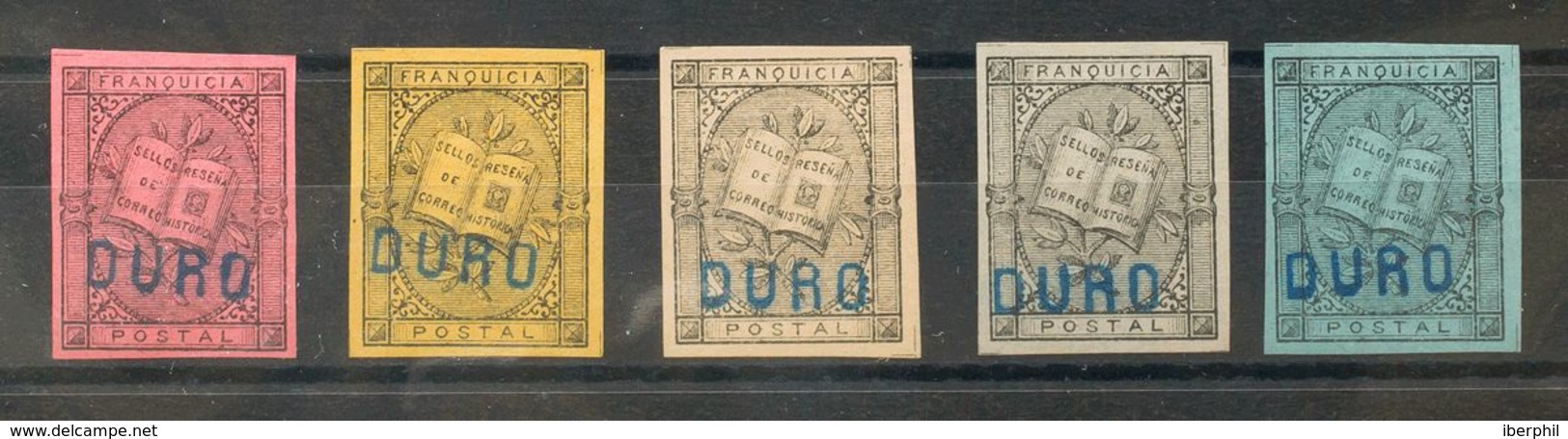 (*)7P(5). 1881. Conjunto De Cinco ENSAYOS DE COLOR, En Azul, Gris, Rosa, Naranja Y Anteado, Con Sobrecarga DURO. MAGNIFI - Franchise Militaire