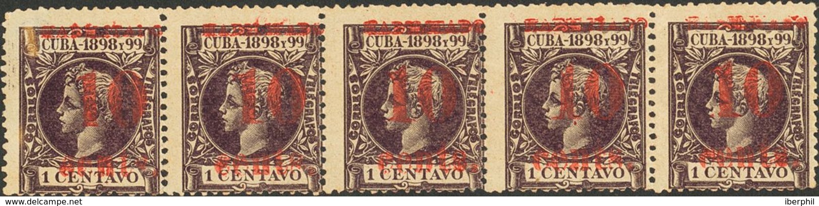 *15(4), 15hp. 1898. 10 Ctvos Sobre 1 Ctvs Violeta, Tira De Cinco (Posiciones 1+2+3+4+5) (incluye La Posición 4 Con El "1 - Autres & Non Classés