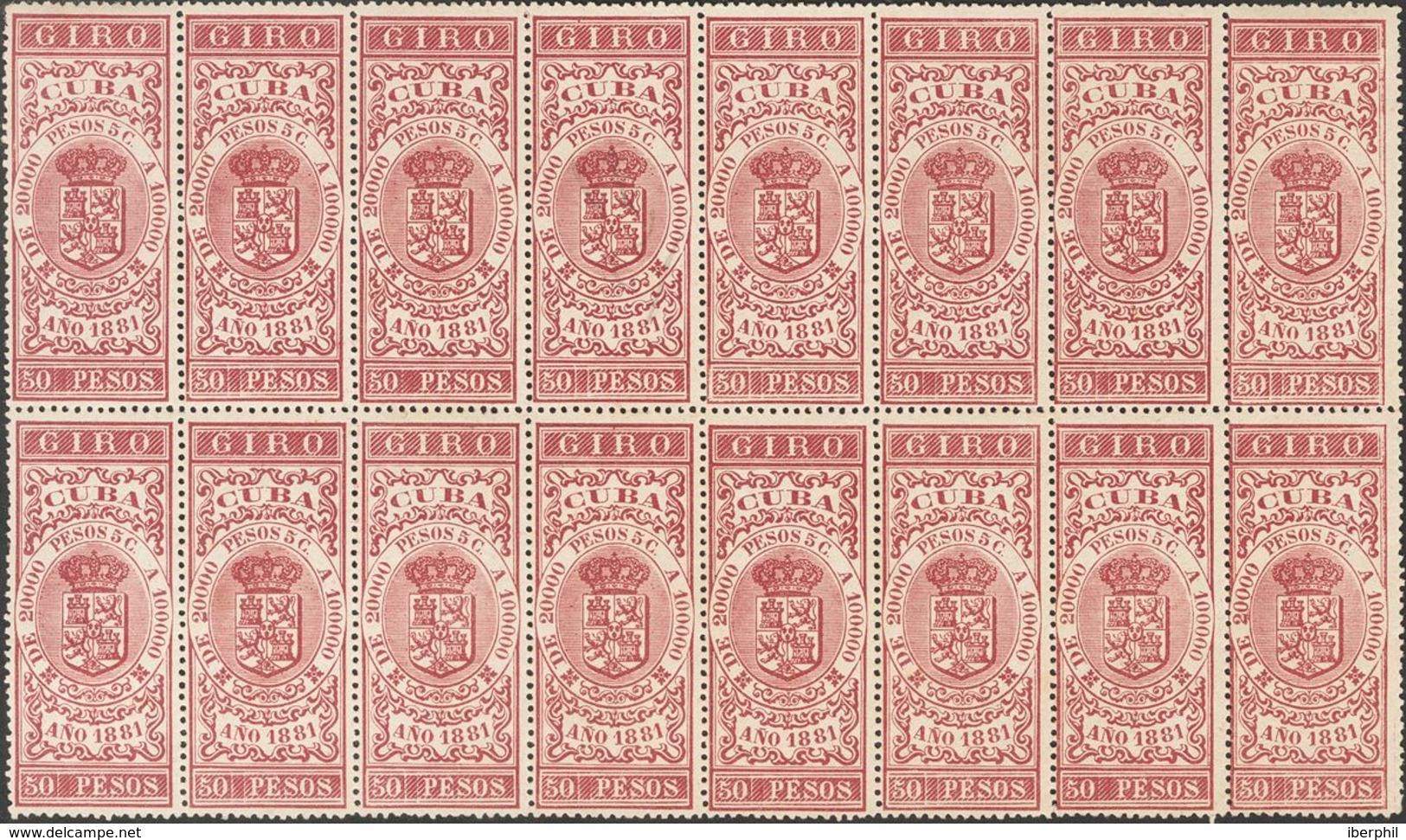 (*). 1881. 50 Pesos Rojo Carmín GIRO, Bloque De Dieciséis. Valor Clave. MAGNIFICO Y RARO. (Forbin, 80) - Autres & Non Classés