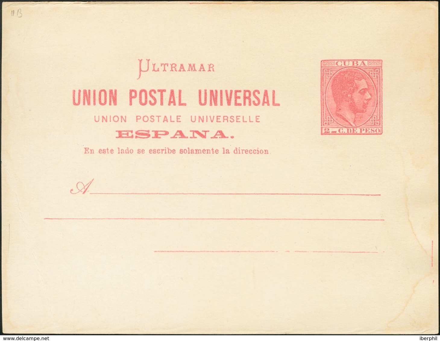 (*)EP11Ca. 1882. 2 Ctvos Carmín Sobre Tarjeta Entero Postal (manchitas). Variedad SIN TILDE EN ESPAÑA. MAGNIFICA. Edifil - Autres & Non Classés