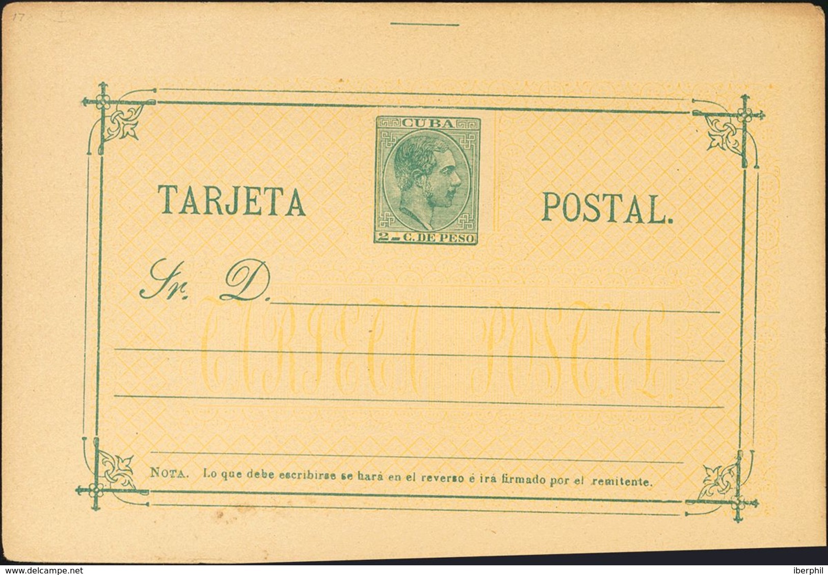 (*)EP16f. 1882. 2 Ctvos Verde Sobre Tarjeta Entero Postal. Variedad FONDO AMARILLO. MAGNIFICA. Edifil 2013: 165 Euros - Autres & Non Classés