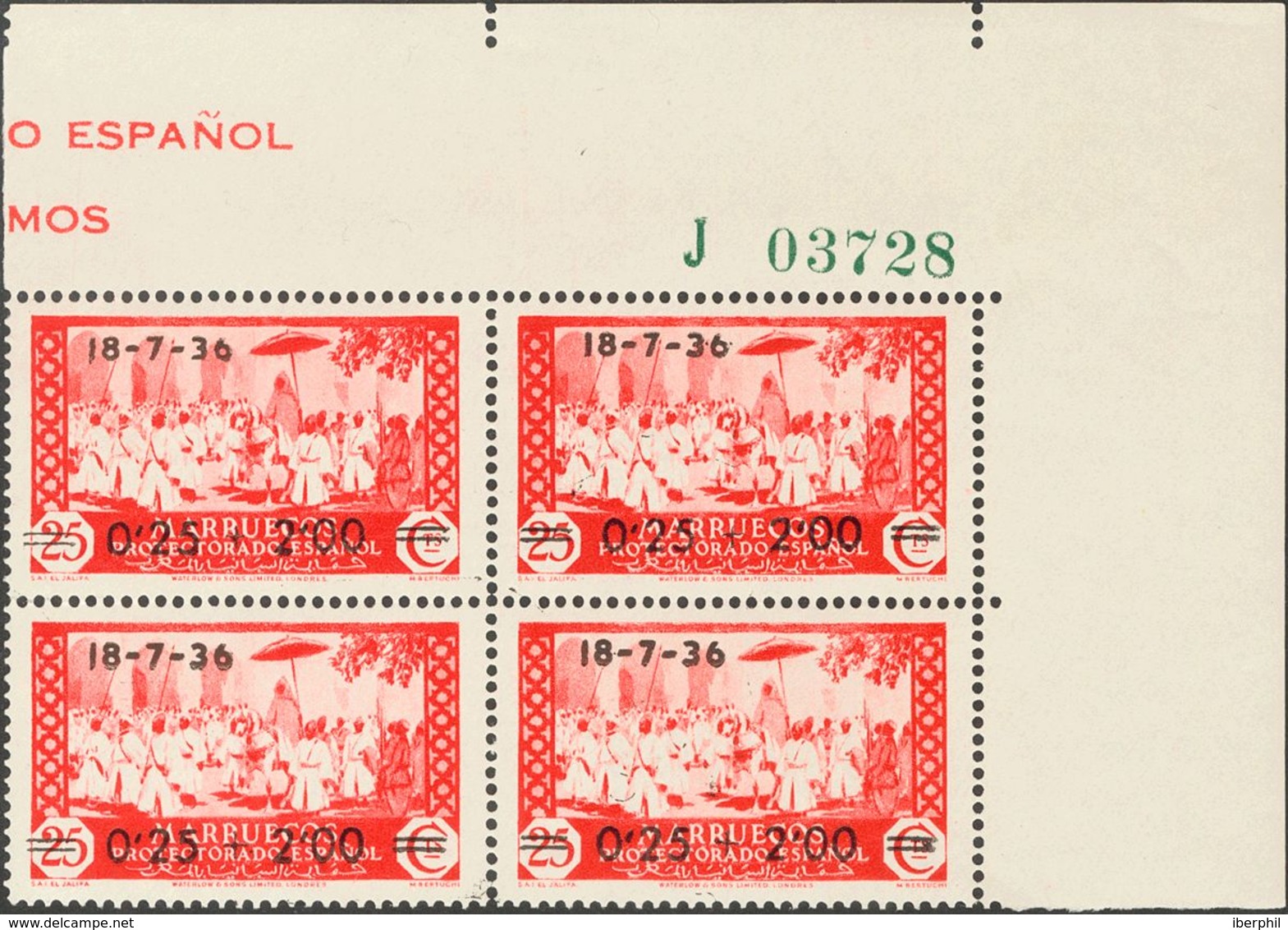 **161(4). 1936. 0'25 Cts + 2 Pts Sobre 25 Cts Rojo, Bloque De Cuatro. MAGNIFICO Y RARO. Edifil 2020: +344 Euros - Sonstige & Ohne Zuordnung