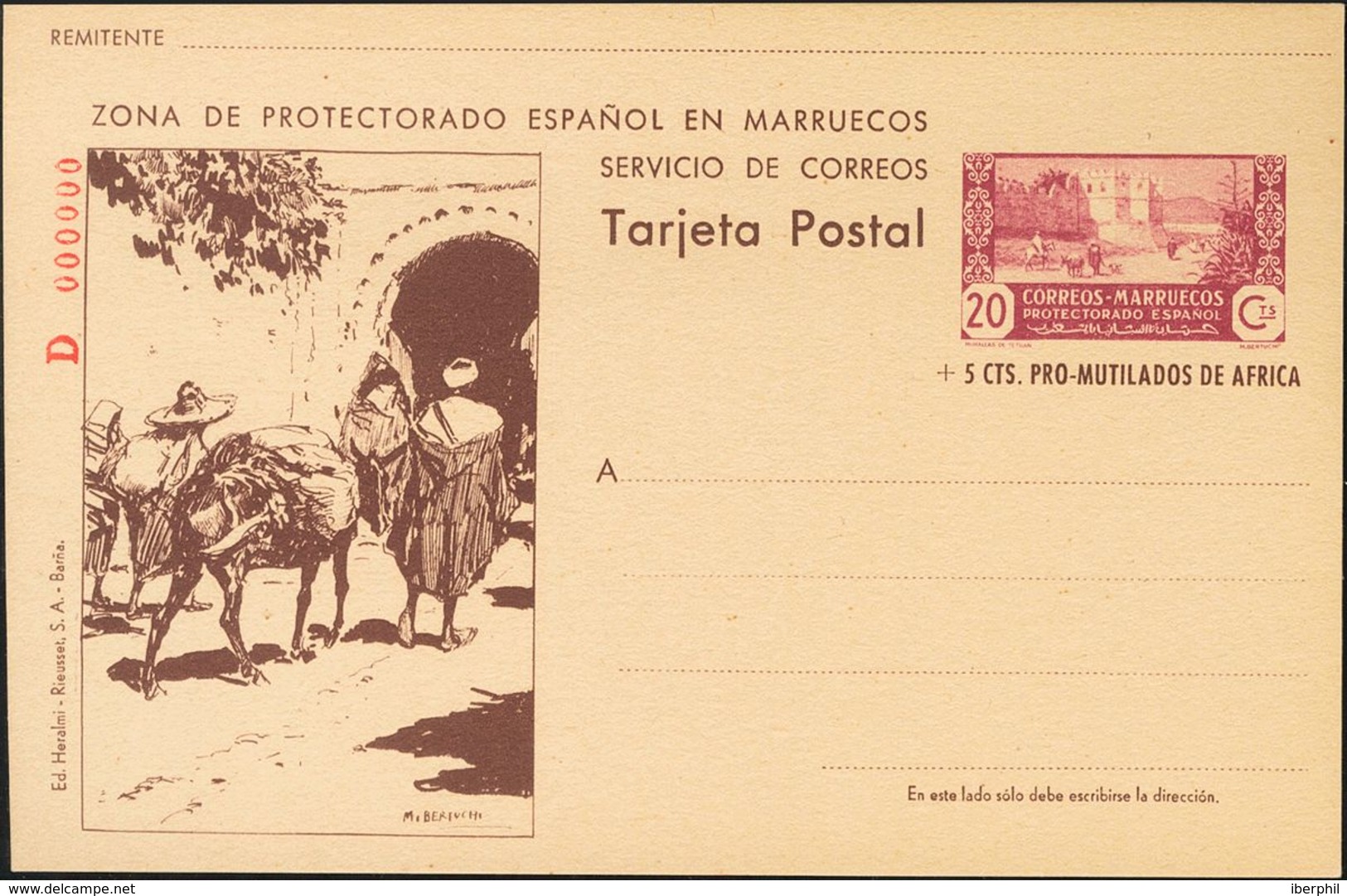 (*)EP92M. 1944. 20 Cts+5 Cts Lila Y Castaño Sobre Tarjeta Entero Postal. NºD000000, En Rojo. MAGNIFICA Y MUY RARA. Edifi - Other & Unclassified
