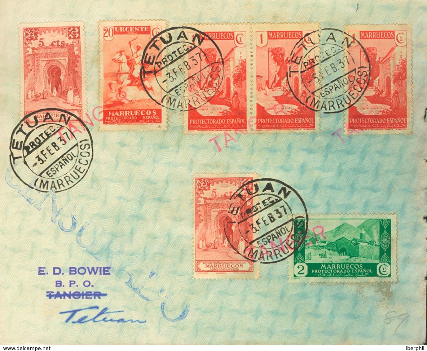 Sobre CN1, CN20(2). 1937. 1 Cts Rojo, Tres Sellos, 2 Cts Verde, 20 Cts Rojo Y 5 Cts Sobre 25 Cts Rojo, Dos Sellos, Todos - Autres & Non Classés