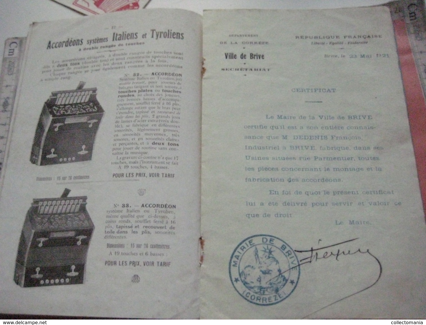 1 catalogue DEDENIS à BRIVE 1928 avec prix tarif- ACCORDEONS ARMONICHE  Accordions + 1 buvard HOHNER Verhaeghen - Rouen