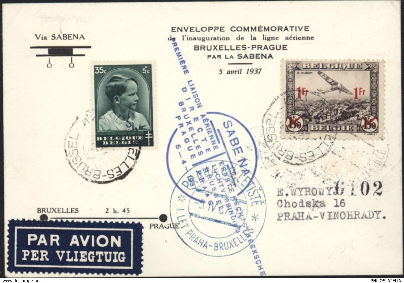 Enveloppe Commémorative Inauguration Ligne Aérienne Bruxelles Prague Par La Sabena 5 4 1937 Par Avion YT 440 + Pa 6 - Other & Unclassified