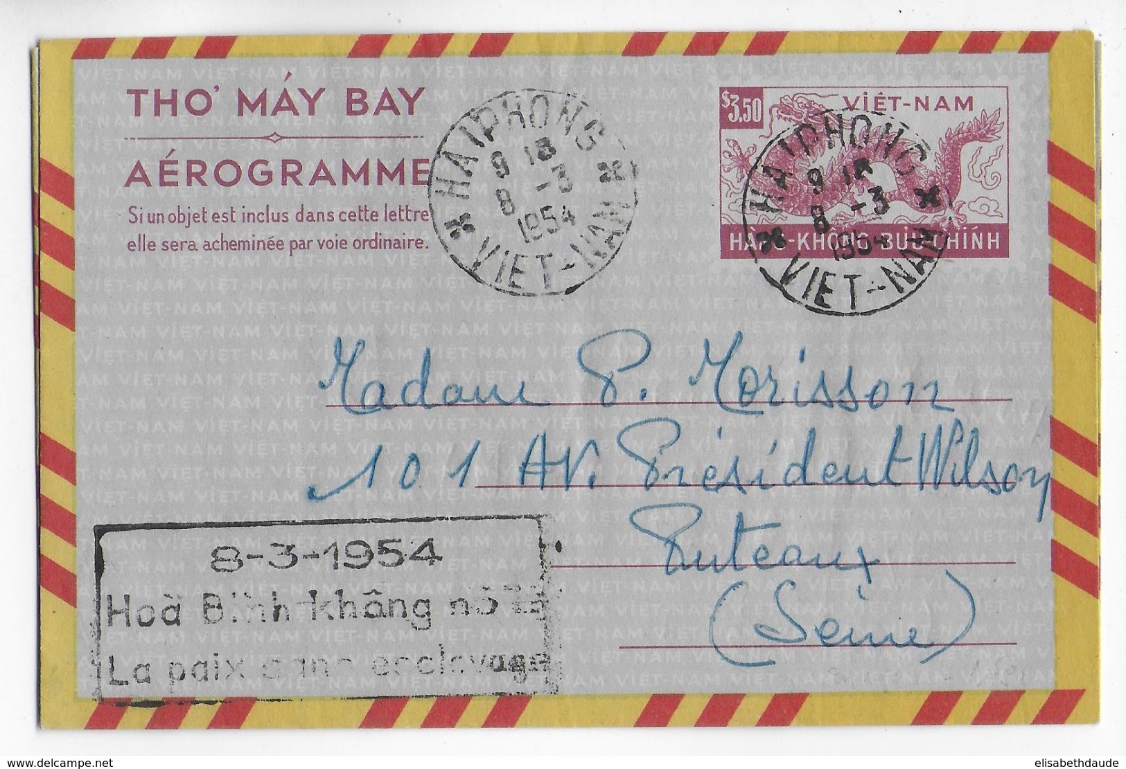 VIET-NAM - 1954 - AEROGRAMME ENTIER POSTAL De HAÏPHONG => PUTEAUX - PROPAGANDE "LA PAIX SANS ESCLAVAGE" - RARE ! - Vietnam