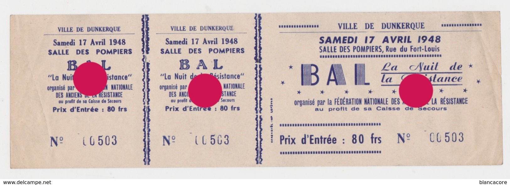 Dunkerque 1948 Ticket D'entrée Pour " La Nuit De La Résistance "  Bal Organisé Par La FNAR  / RARE - Toegangskaarten