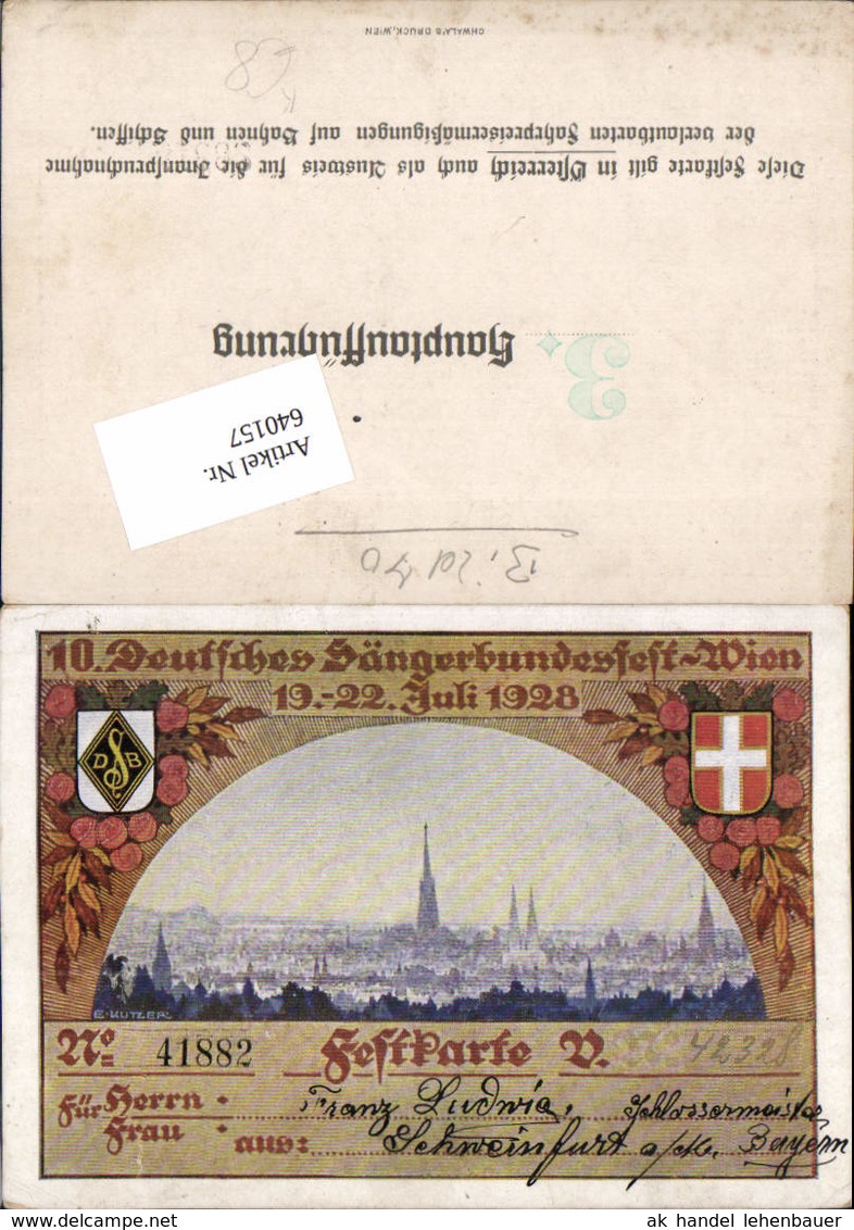 640157,Festkarte 10. Deutsches S&auml;ngerbundfest Wien 1928 Ernst Kutzer - Kutzer, Ernst