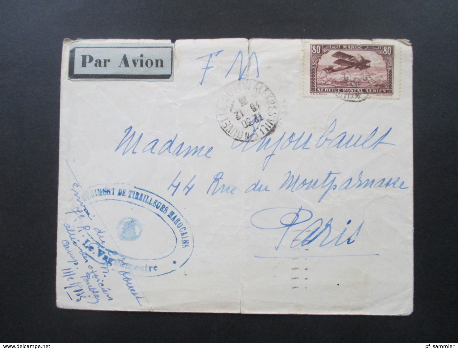 Frankreich Kolonie Marokko 1931 Par Avion / Luftpost Nach Paris Le Vaguemestre Regiment De Tirailleurs Marocains - Lettres & Documents