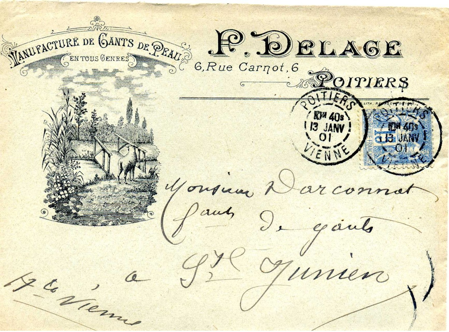 POITIERS , Manufacture De Gants De Peau P. Delage Rue Carnot / LSC De 1901 > St Junien TB - 1877-1920: Semi Modern Period