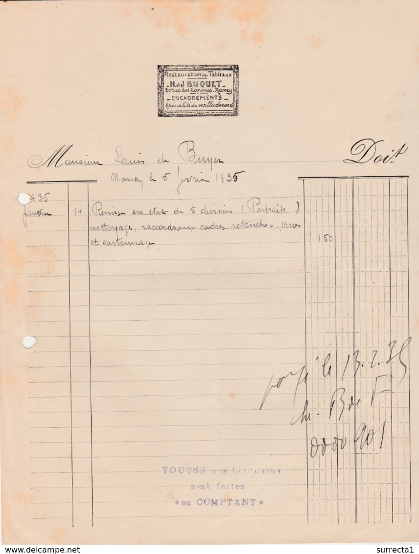 Facture 1935 / H & J BUQUET / Restauration Tableaux / Encadrement Dorure / 54 Nancy - 1900 – 1949