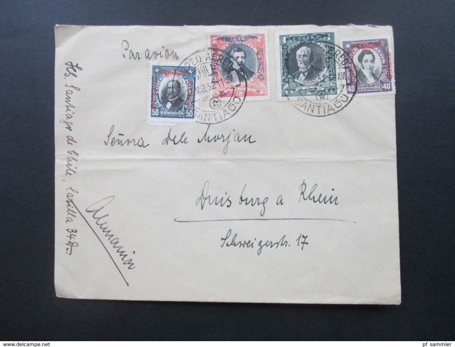 Chile 1932 Luftpost / Par Avion Santiago - Duisburg 4 Marken Mit Aufdruck Correo Aereo - Chile