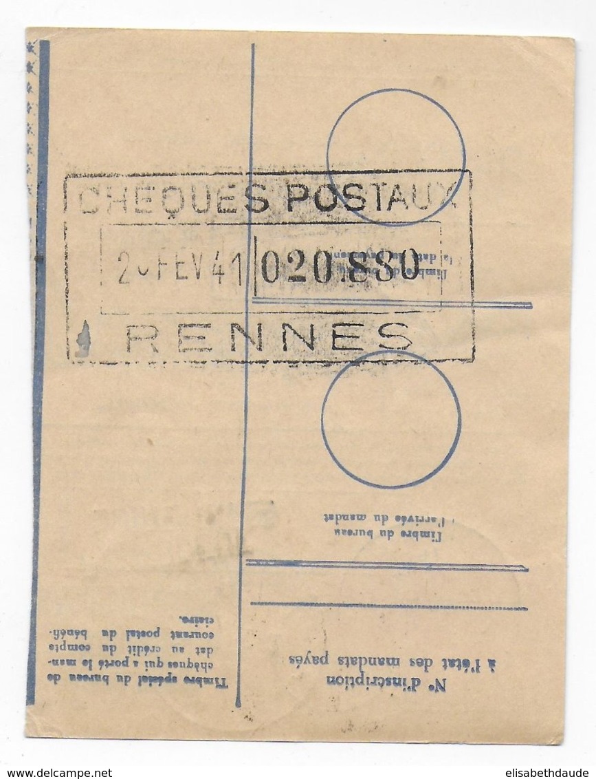 1941 - YT 489 SEUL Sur RARE MANDAT-RADIODIFFUSION ! De PAIMBOEUF (LOIRE INFERIEURE) => RENNES - Covers & Documents