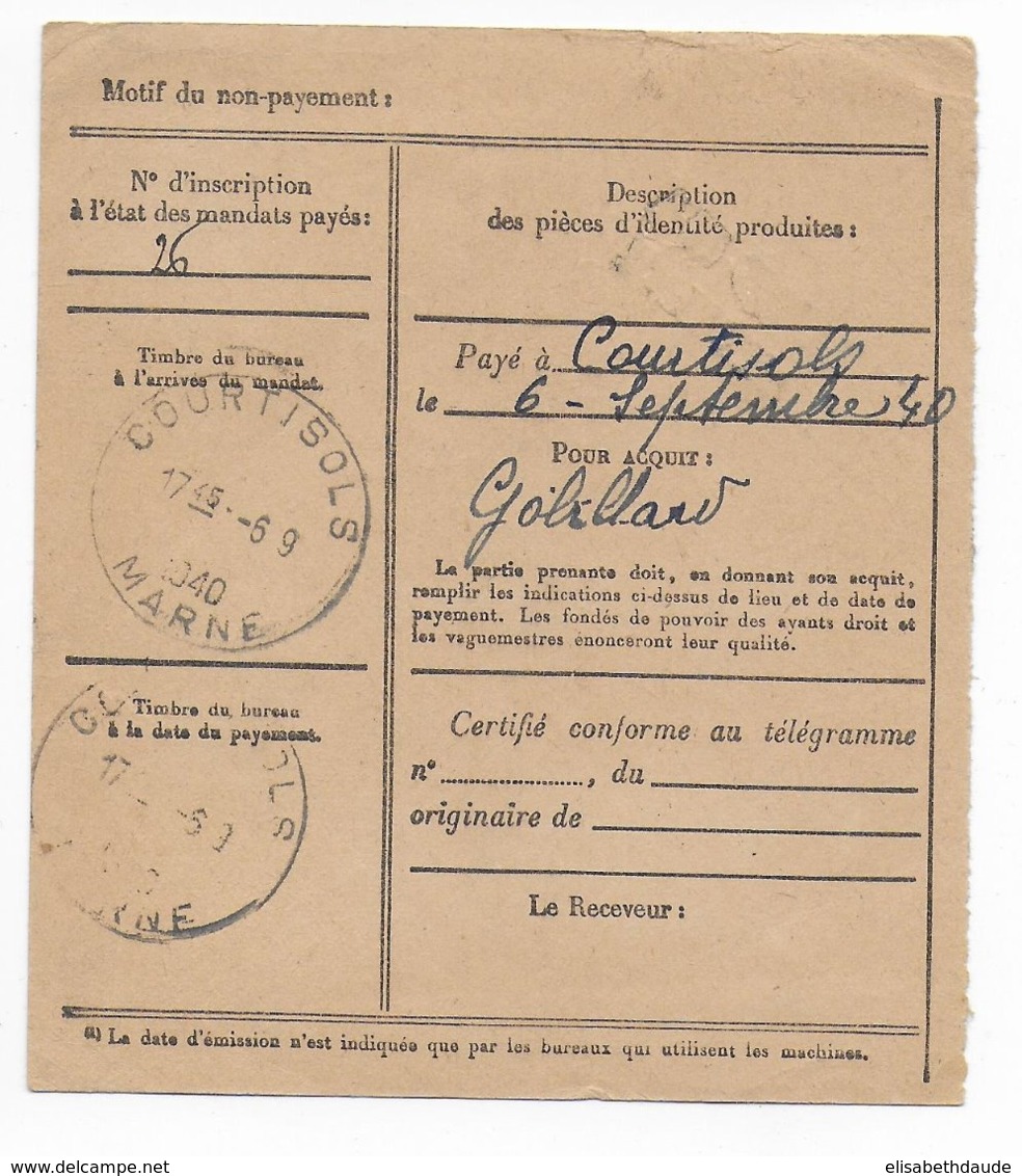 1940 - IRIS - "LE DESTINATAIRE N'A PU ETRE ATTEINT" Sur CARTE MANDAT ! De PLOERMEL (MORBIHAN) => COURTISOLS (MARNE) - 1921-1960: Moderne