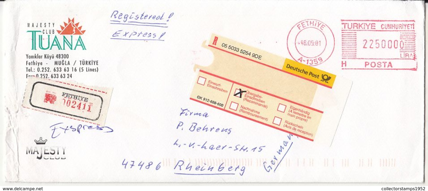 7460FM- AMOUNT, FETHIYE RED MACHINE STAMPS ON REGISTERED COVER, MAJESTY CLUB TUANA, LETTER, INVOICE, 2001, TURKEY - Cartas & Documentos