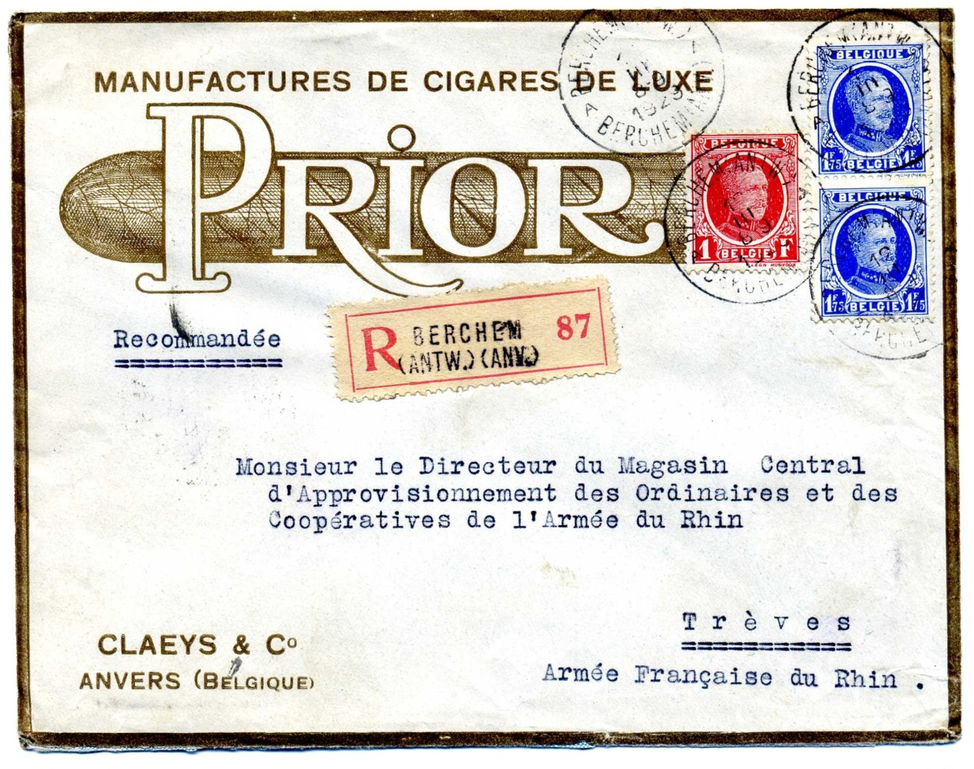 ANVERS Cigares De LUXE PRIOR Claeys & Cie / LR De 1929 > Armée Du Rhin à Trêves TB - Other & Unclassified