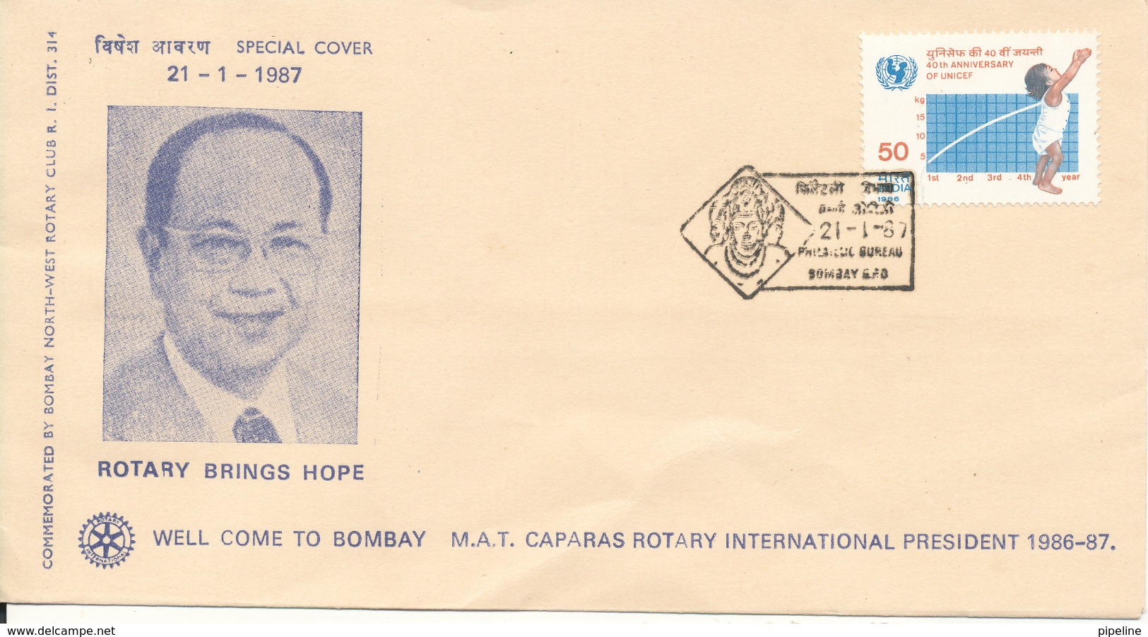 India Cover With Special Postmark And Rotary Cachet 21-1-1987 - Covers & Documents