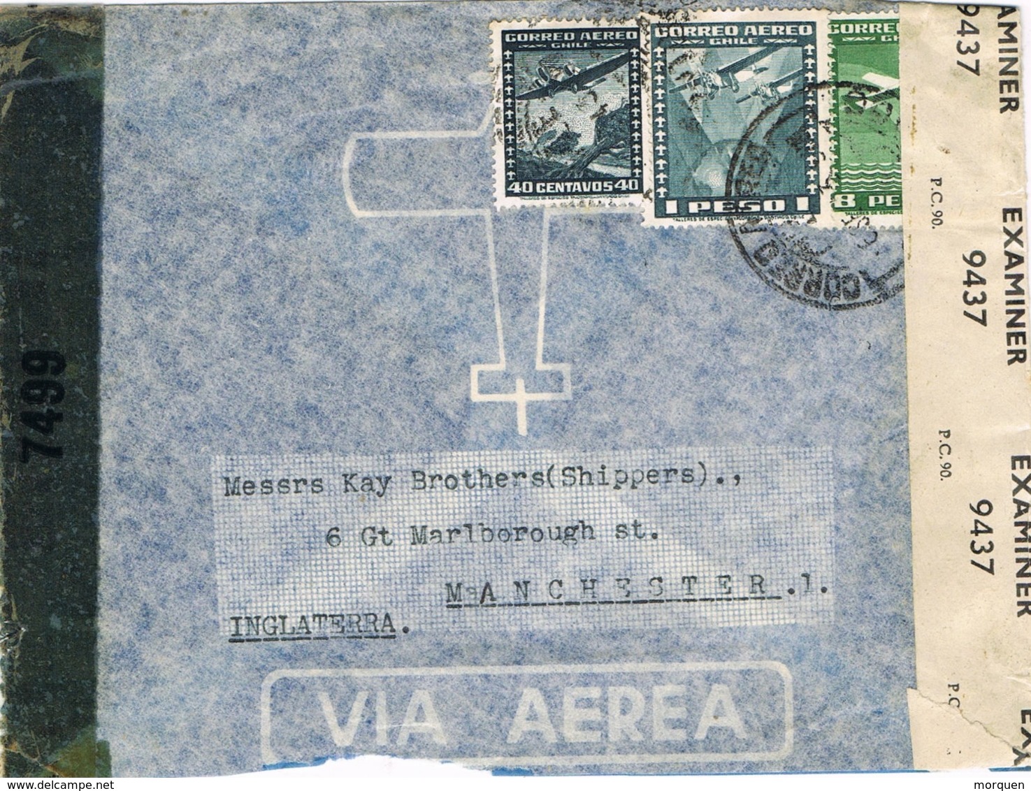 34555. Carta Aerea SANTIAGO (Chile) 1943. CENSOR, Examiner 9437. Doble CENSURA War World II - Cile