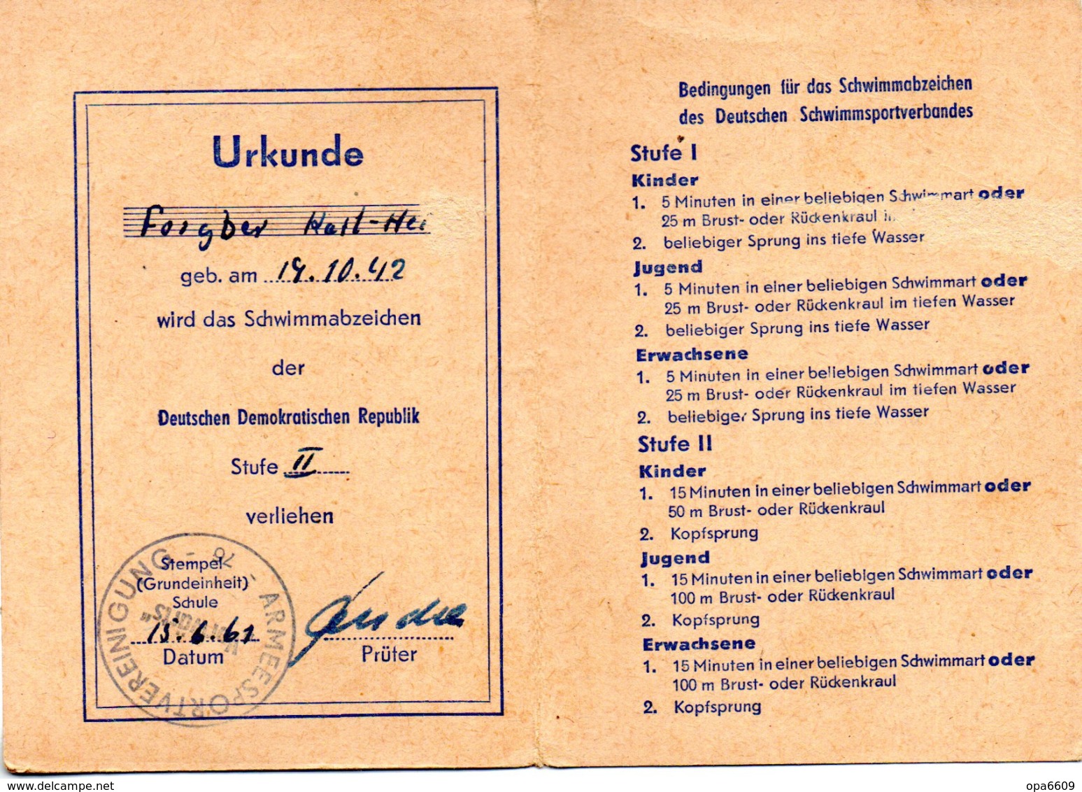 (Kart-ZD) DDR DTSB Urkunde "Schwimmabzeichen Der Deutschen Demokratischen Republik Stufe II" Ausgest. 15.6.61 - RDA