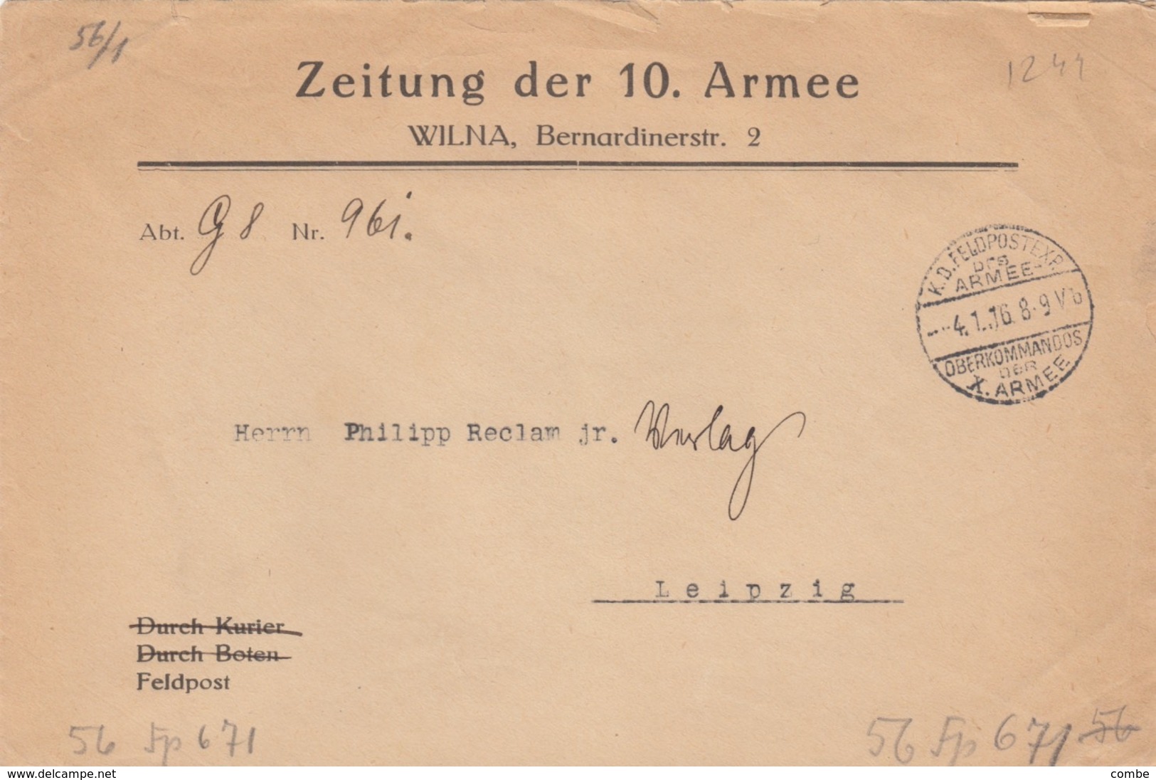 FELDPOSTEXP. 4 1 1916. ZEITUNG DER 10° ARMEE WILNA TO LEIPZIG           /  2 - Briefe U. Dokumente