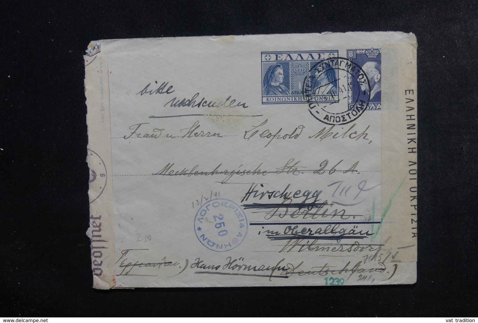 GRECE - Entier Postal De Athènes ( Hôtel Impérial ) Pour Berlin En 1941 Avec Contrôle Postal - L 46307 - Postal Stationery