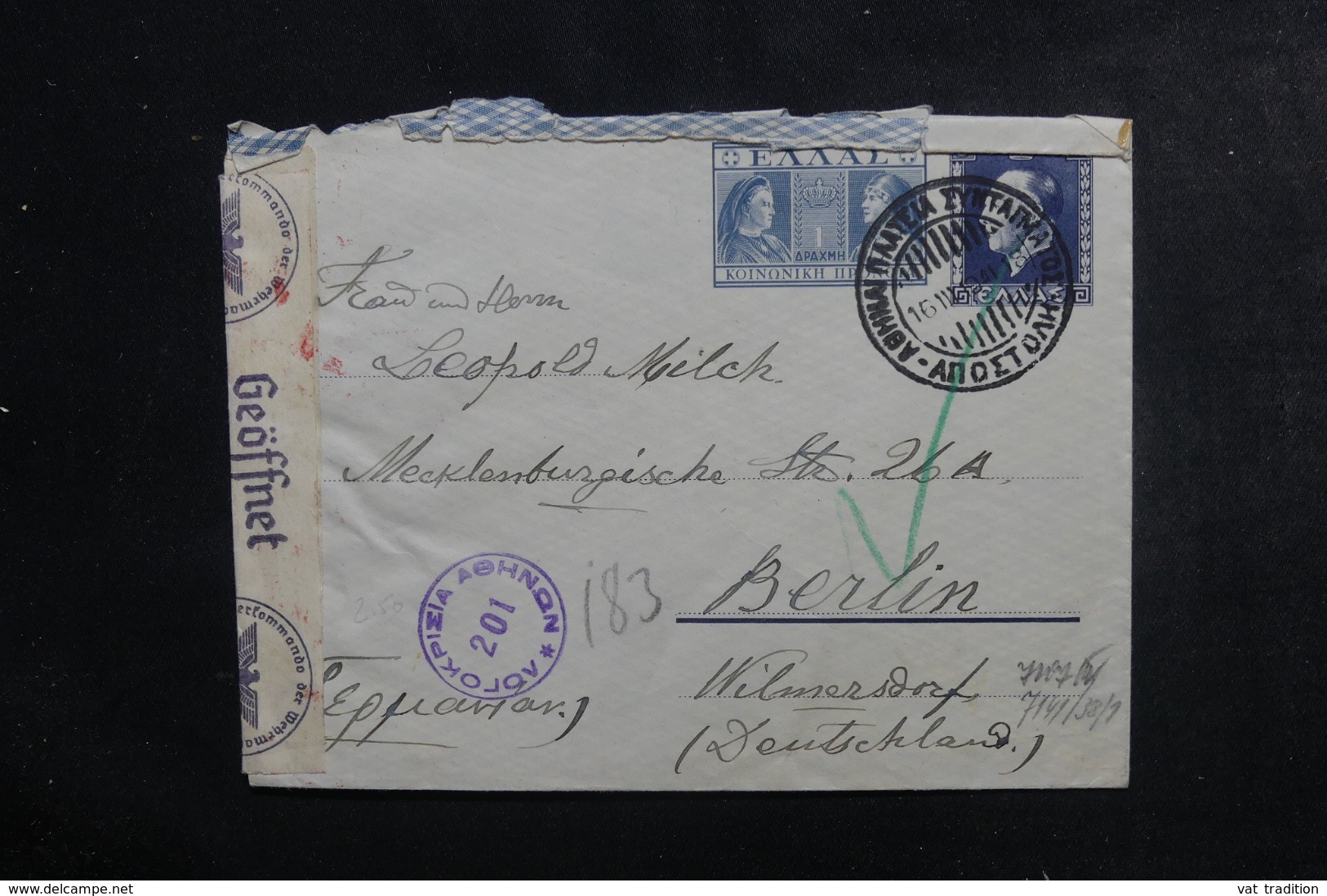 GRECE - Entier Postal De Athènes ( Hôtel Impérial ) Pour Berlin En 1941 Avec Contrôle Postal - L 46308 - Postal Stationery