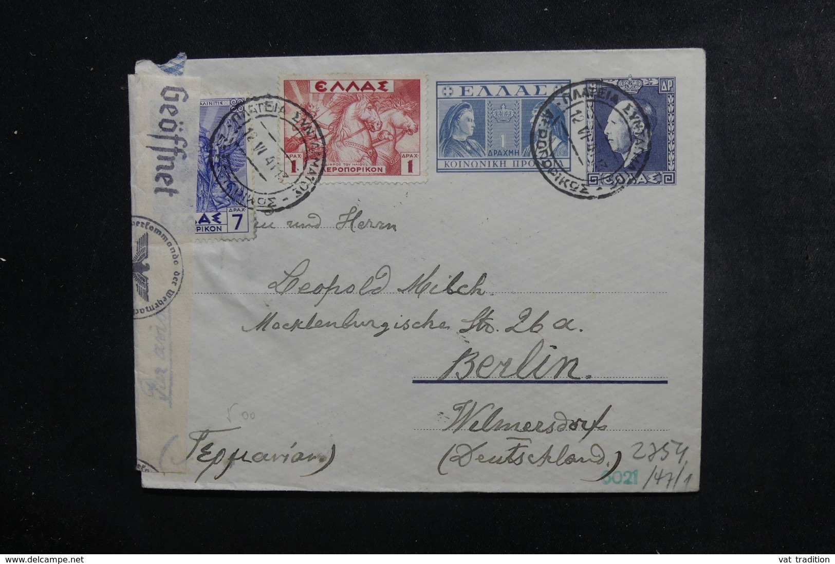 GRECE - Entier Postal + Compléments De Athènes ( Hôtel Impérial ) Pour Berlin En 1941 Avec Contrôle Postal - L 46309 - Entiers Postaux