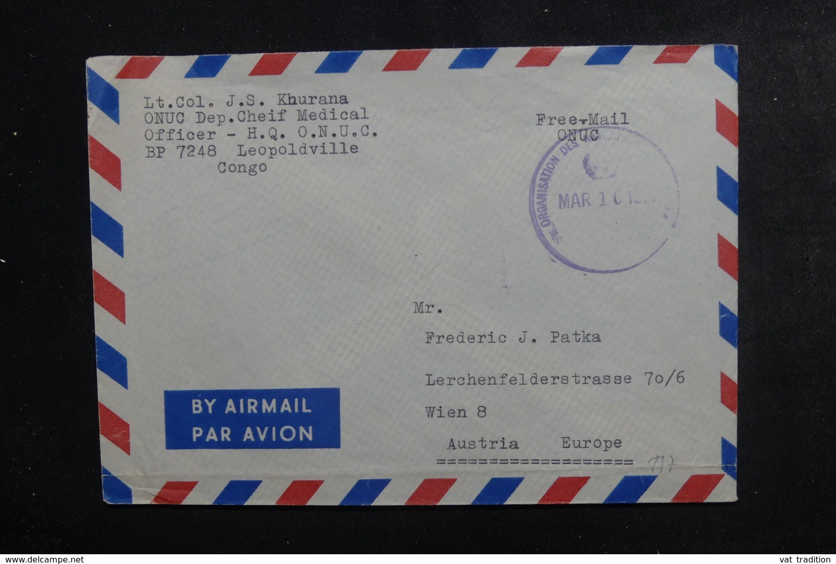 CONGO - Enveloppe En FM ( O.N.U.) De Léopoldville Pour Wien - L 46312 - Autres & Non Classés