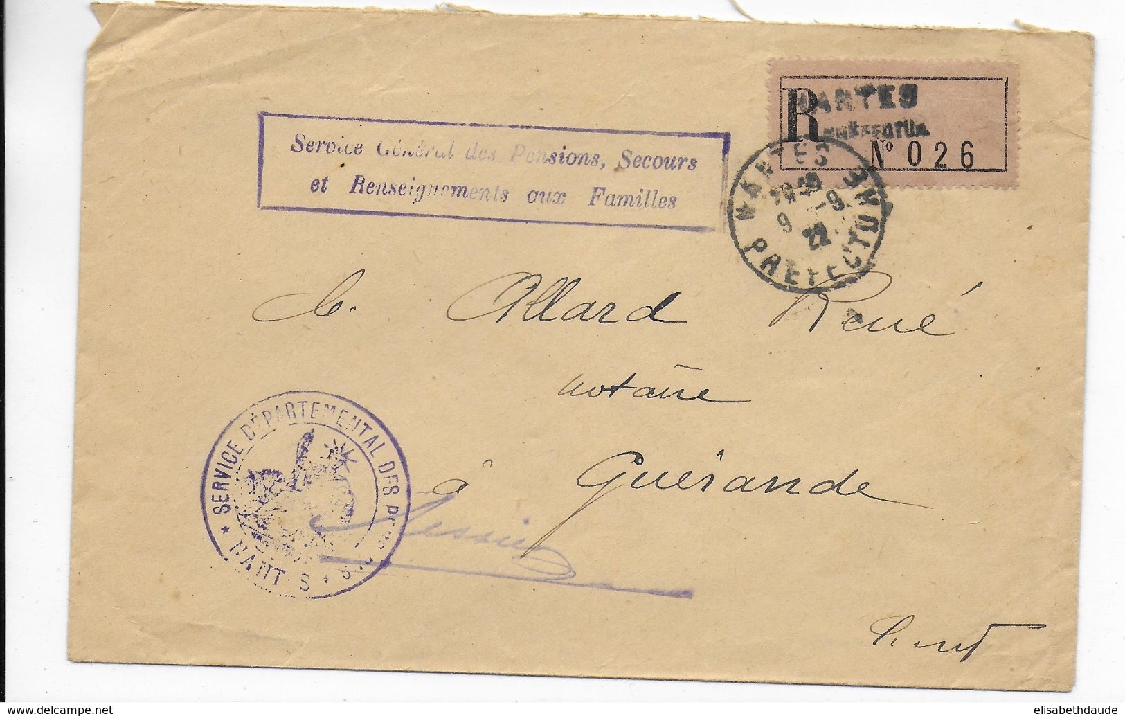1922 - ENVELOPPE RECOMMANDEE En FRANCHISE Du SERVICE DEPARTEMENTAL DES PENSIONS De LOIRE INFERIEURE à NANTES - Cartas Civiles En Franquicia