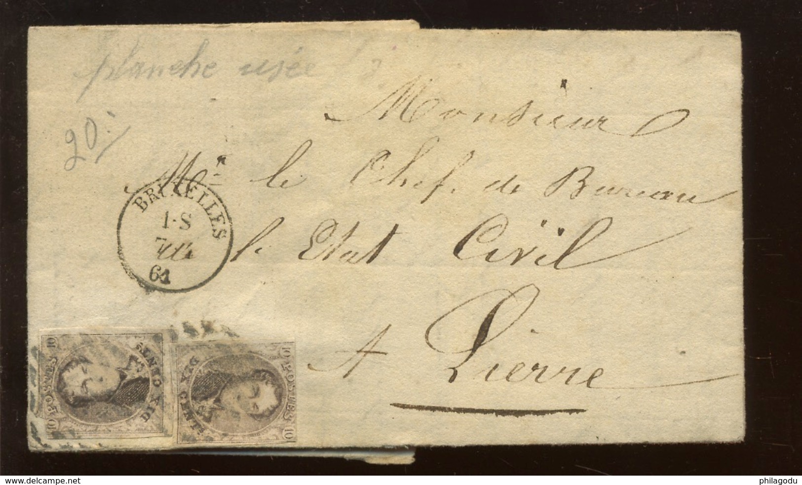 Lettre 1-7-1861 Avec 2 X 10A. Planche 8 Selon L'ancien Collectionneur, Planche Usée  Jolie Pièce Documentaire - 1858-1862 Medallions (9/12)