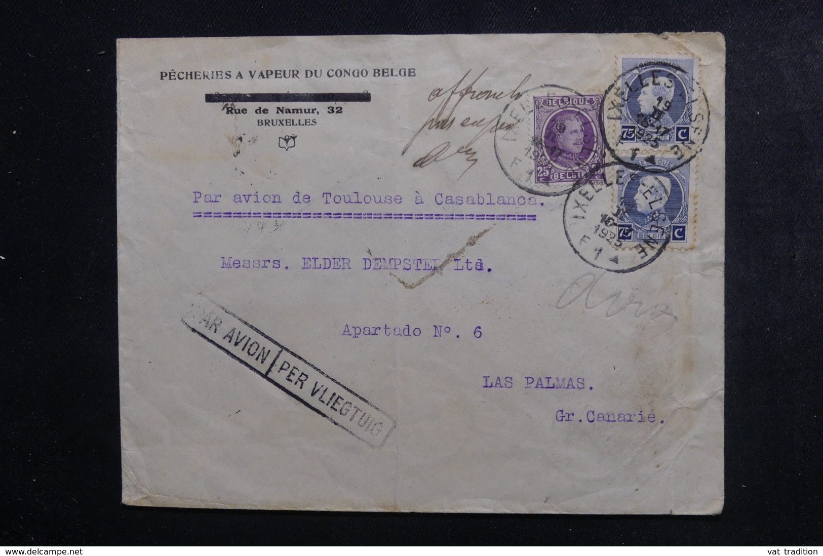 BELGIQUE - Enveloppe Commerciale De Bruxelles Pour Las Palmas En 1925 Par Avion ( Ligne Française) - L 46328 - Lettres & Documents