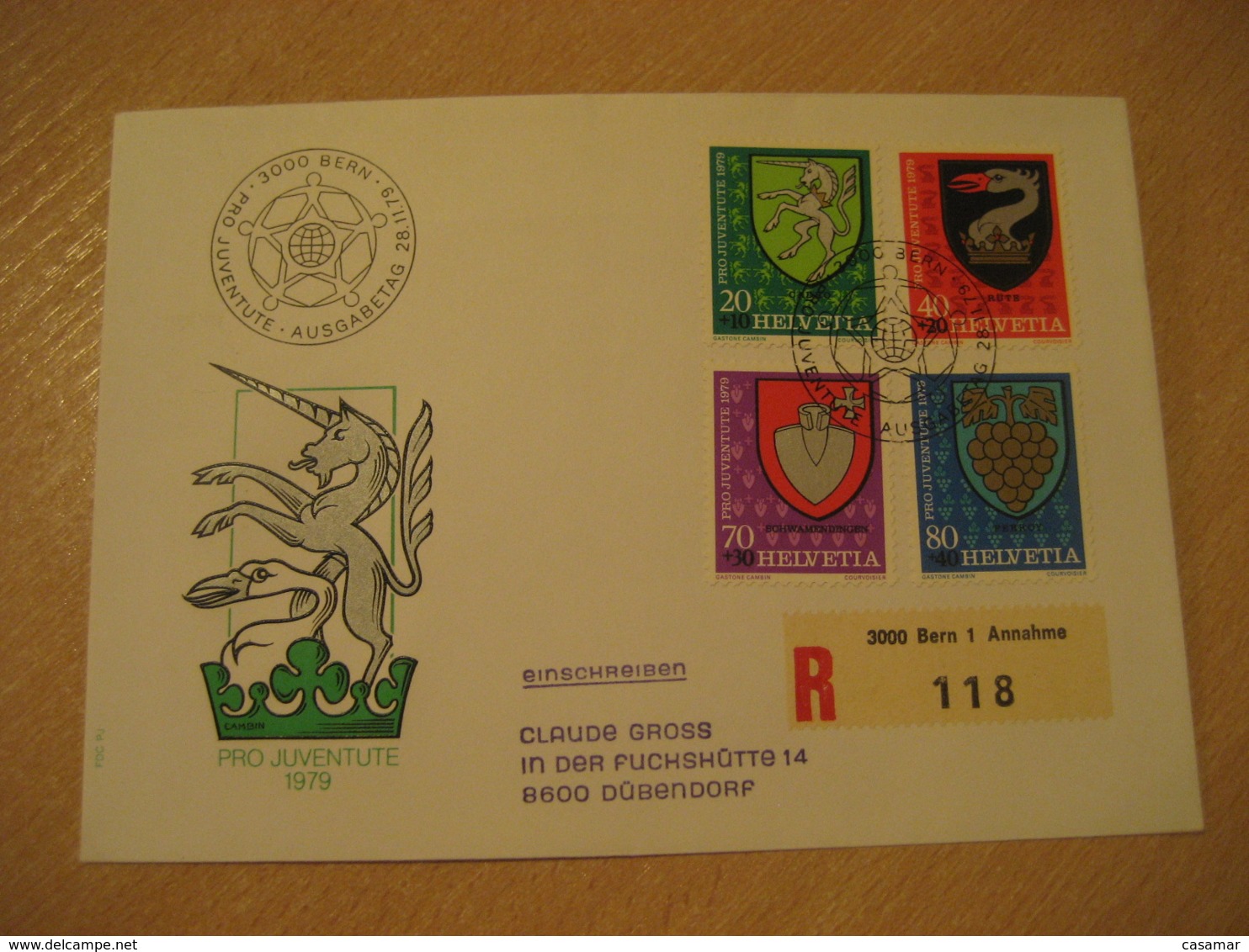 BERN 1979 Pro Juventute Coat Of Arms Heraldry Cancel Registered Cover PORTUGAL - Briefe U. Dokumente