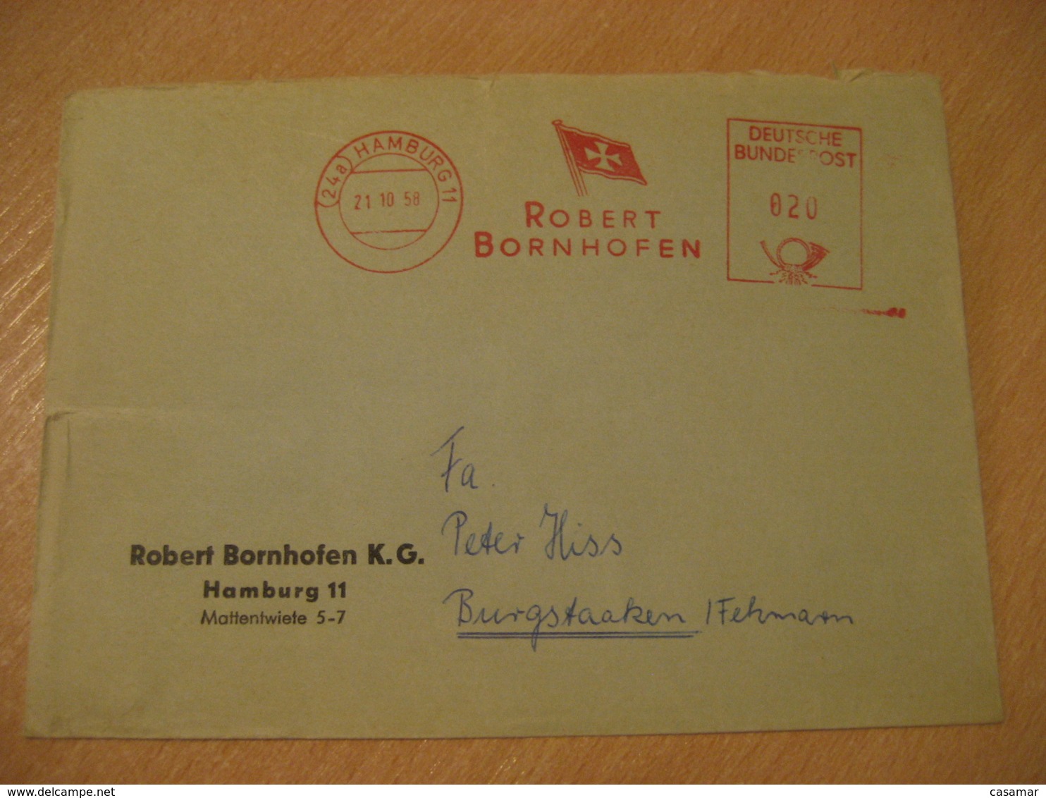 HAMBURG 1958 Robert Bornhofen Flag Flags Meter Mail Cancel Cover GERMANY - Covers