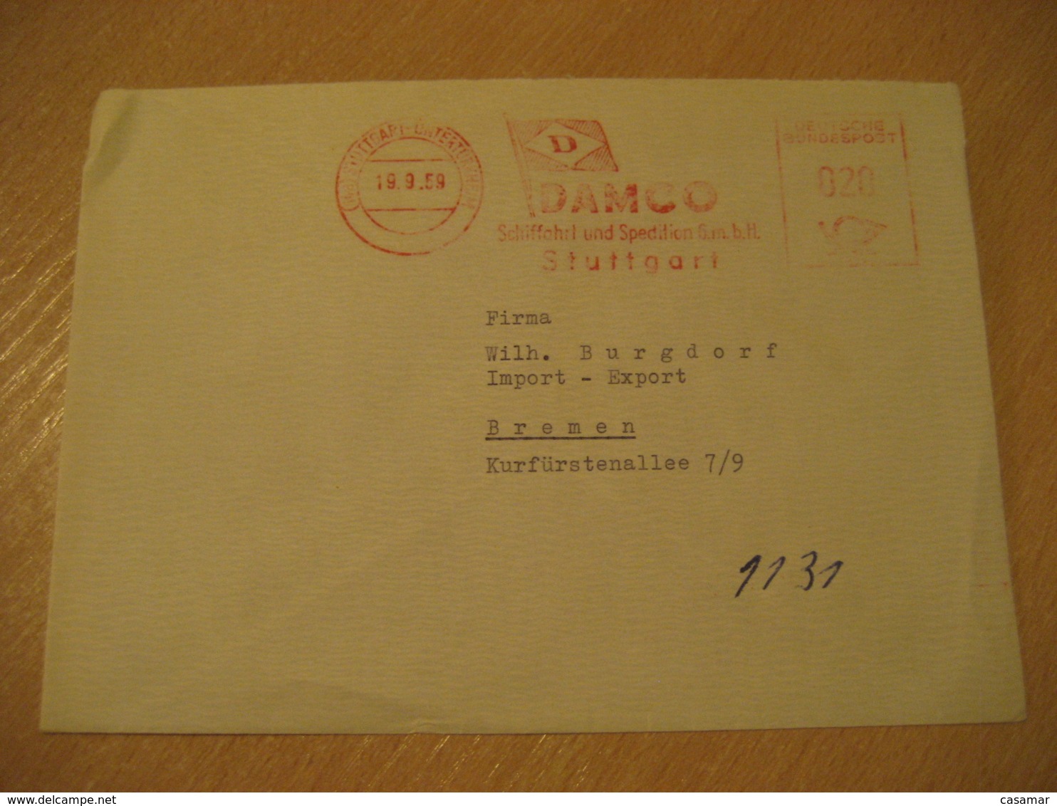 STUTTGART 1959 DAMCO Schiffahrt Und Spedition Flag Flags Meter Mail Cancel Cover GERMANY - Briefe