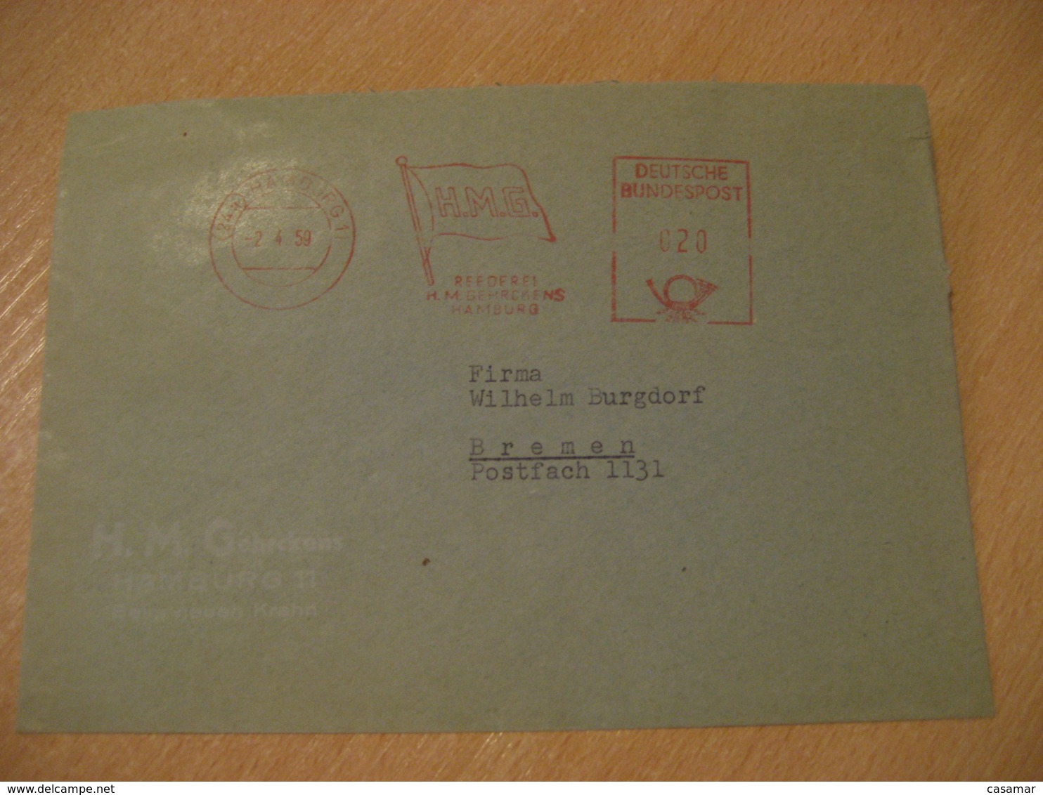 HAMBURG 1959 H.M.G. Flag Flags Meter Mail Cancel Cover GERMANY - Covers