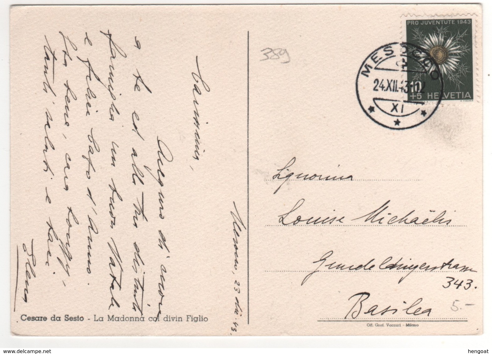 Beau Timbre , Stamp  Yvert N° 389 Pro Juventute 1943 " Fleurs : Edelweiss " Sur Cp , Carte , Postcard Du 24/12/43 - Storia Postale