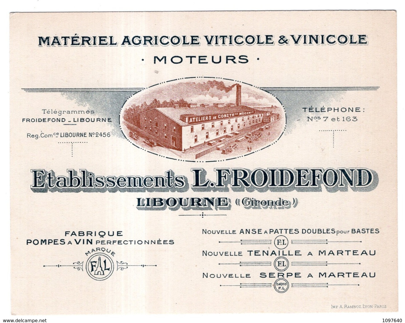 ETABLISSEMENTS L.FROIDEFOND LIBOURNE (GIRONDE) MATERIEL AGRICOLE VITICOLE ET VINICOLE MOTEURS - Publicidad