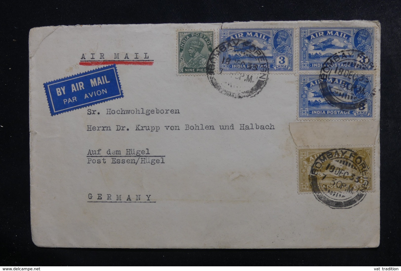 INDE - Enveloppe De Bombay Pour L 'Allemagne En 1933 Par Avion, Affranchissement Plaisant - L 46343 - 1911-35 King George V
