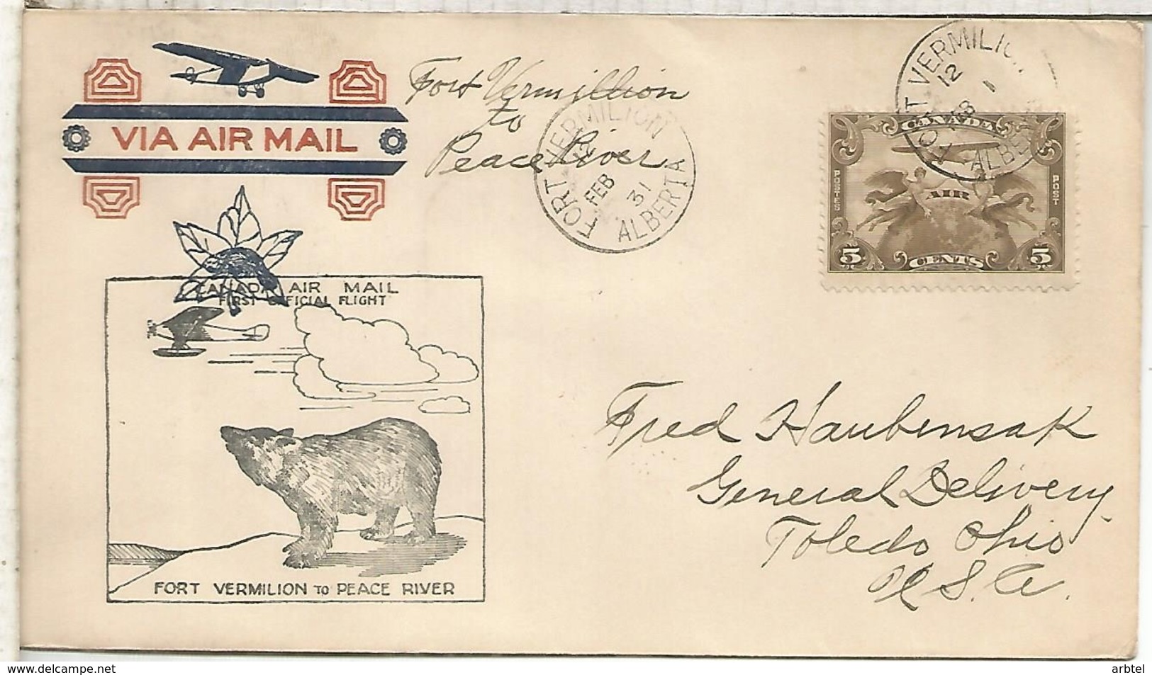 CANADA CC PRIMER VUELO FORT VERMILLION TO PEACE RIVER OSO BEAR 1931 - Bears